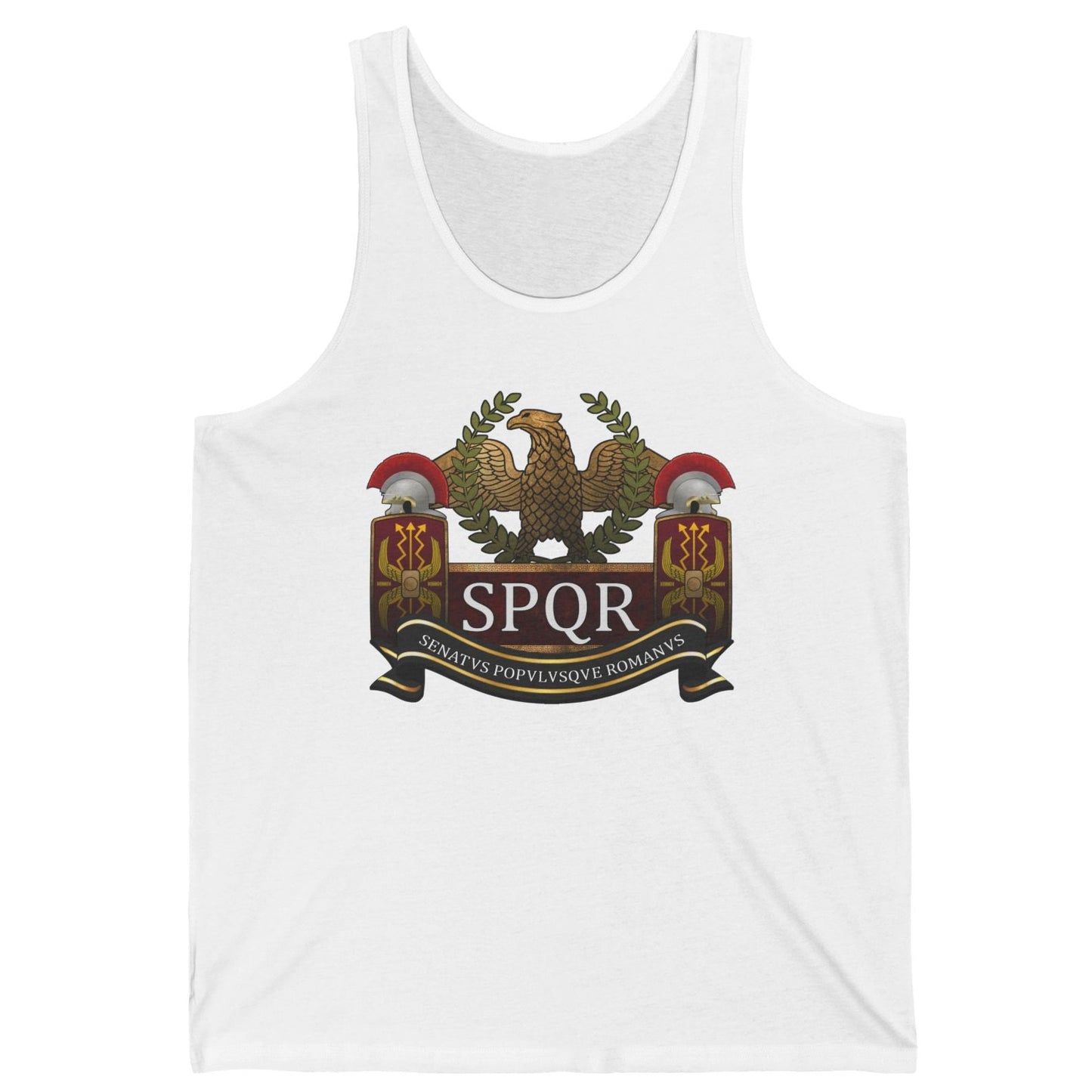 White tank top with a 'SPQR' logo on a white background