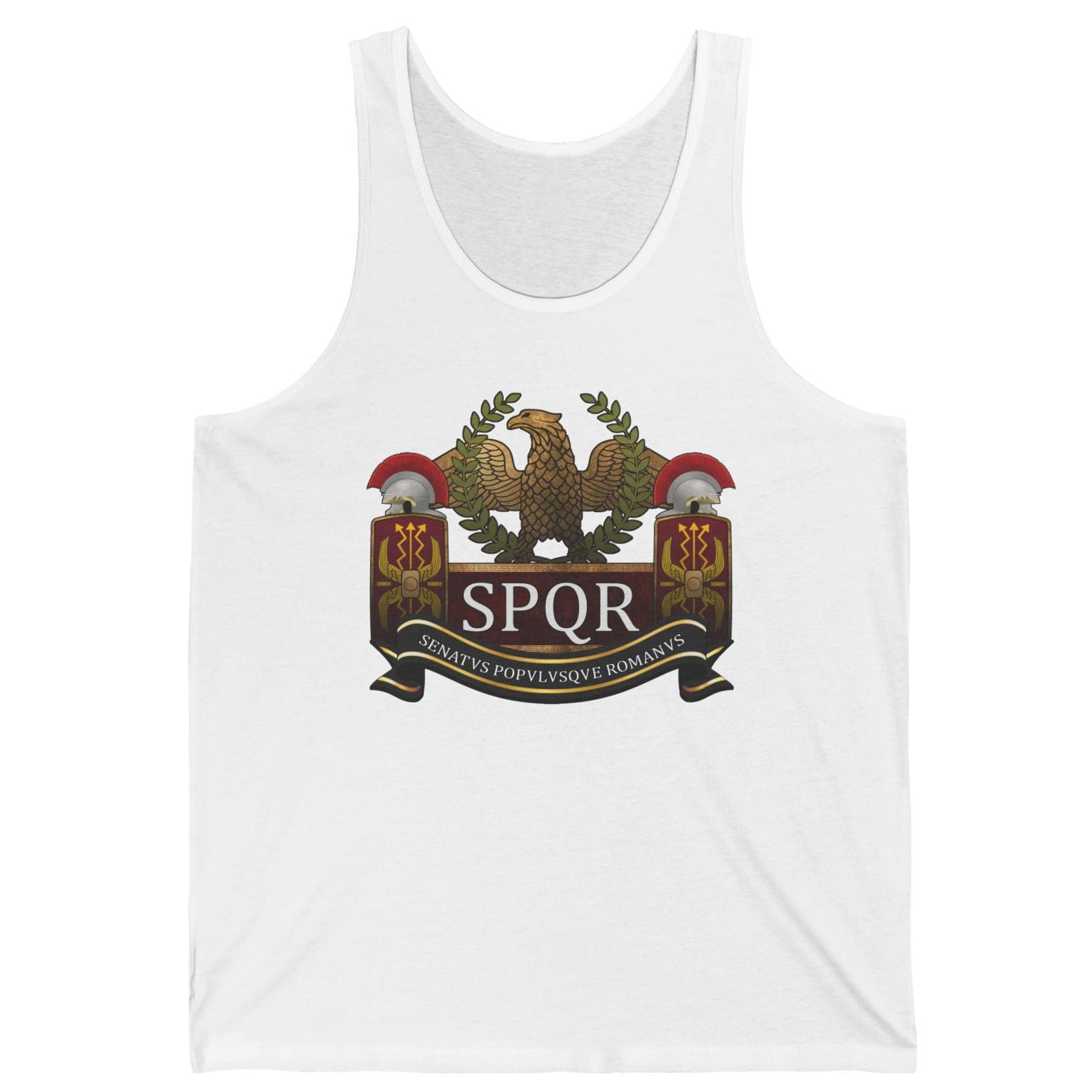 White tank top with a 'SPQR' logo on a white background