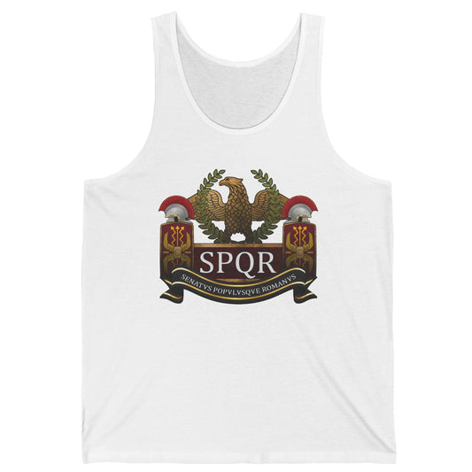 White tank top with a 'SPQR' logo on a white background