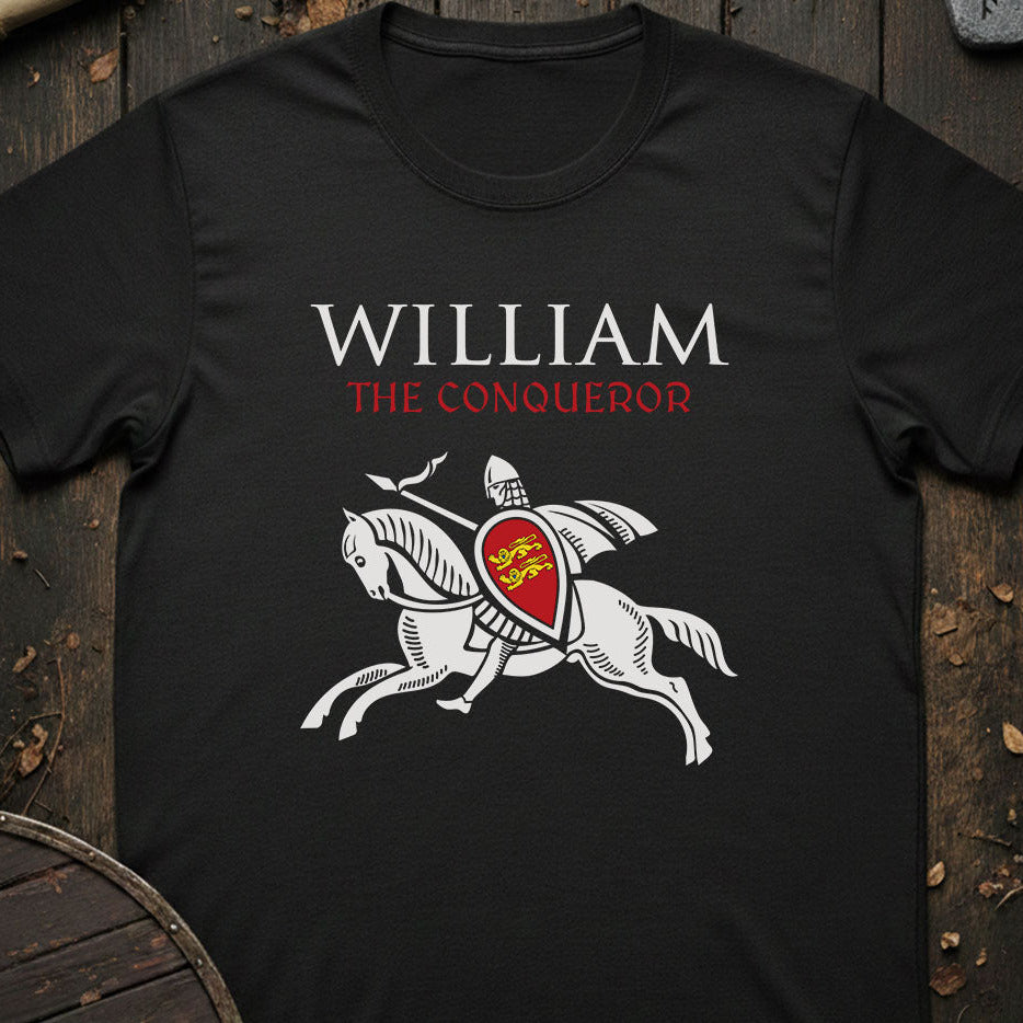 Black t-shirt with 'William the Conqueror' design featuring a horse and shield on a wooden background.