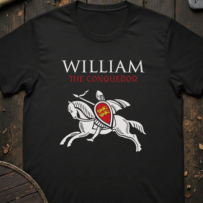 Black t-shirt with 'William the Conqueror' design featuring a horse and shield on a wooden background.