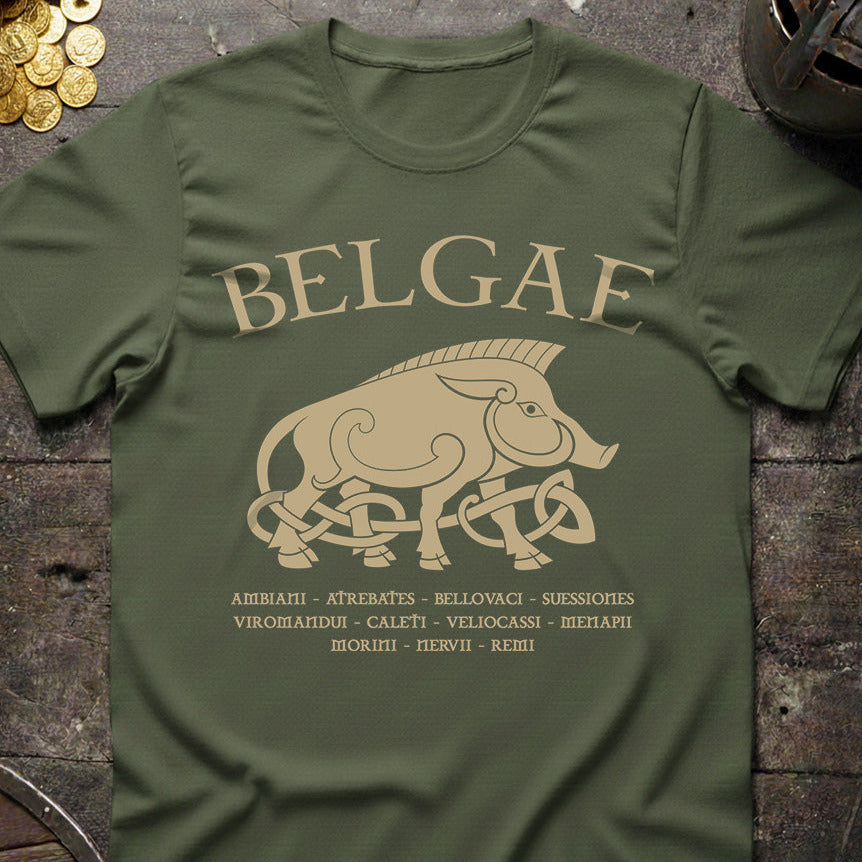 Green t-shirt with 'BELGAE' and pig design on a rustic wooden surface.
