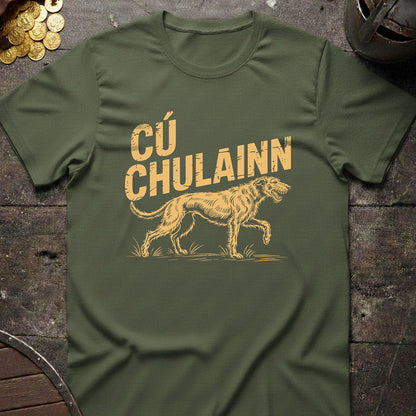chu chulainn Green t-shirt with yellow graphic and text on a rustic wooden surface