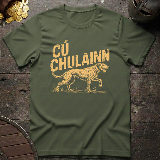 chu chulainn Green t-shirt with yellow graphic and text on a rustic wooden surface