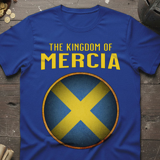 Blue t-shirt with 'The Kingdom of Mercia' design on a wooden surface