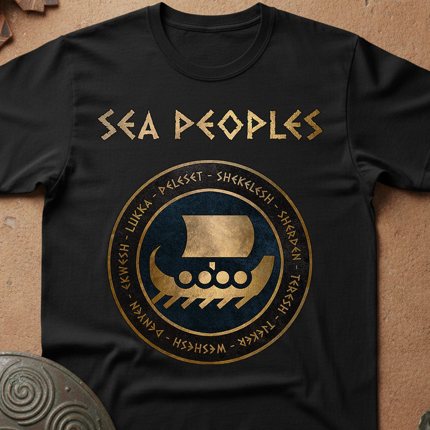 Black t-shirt with 'Sea Peoples' design featuring a ship and text on a textured surface.