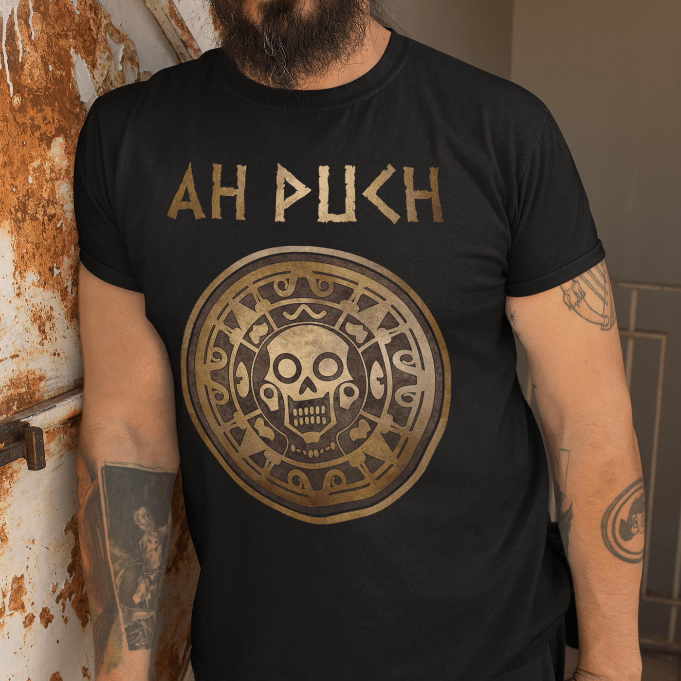 Black / S Ah Puch Mayan God of Death Symbol T-shirt