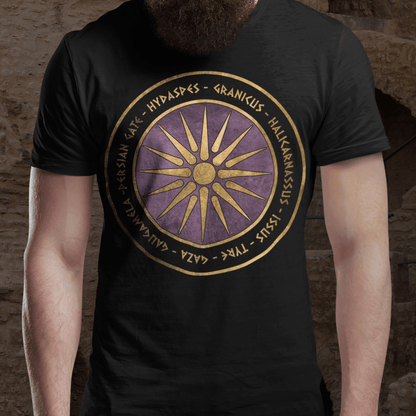 Black / S Alexander the Great Battles Macedonian Shield T-shirt