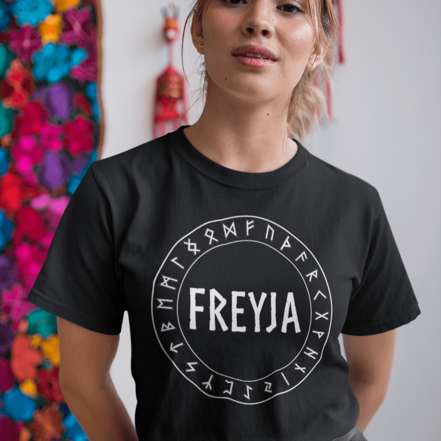 Black / S Freyja Norse Goddess with Futhark Runes T-shirt