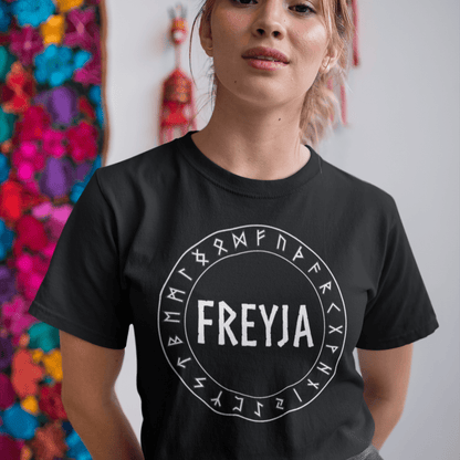 Black / S Freyja Norse Goddess with Futhark Runes T-shirt