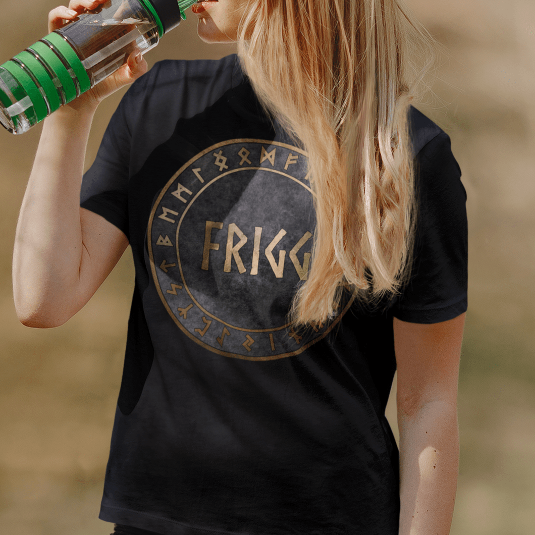 Black / S Frigg Norse Goddess with Viking Runes T-Shirt