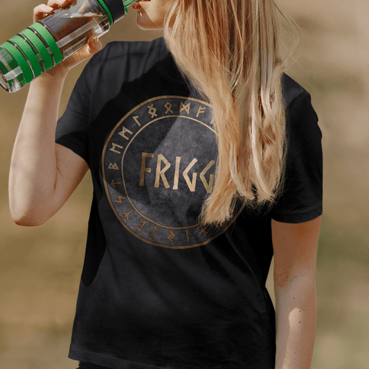 Black / S Frigg Norse Goddess with Viking Runes T-Shirt