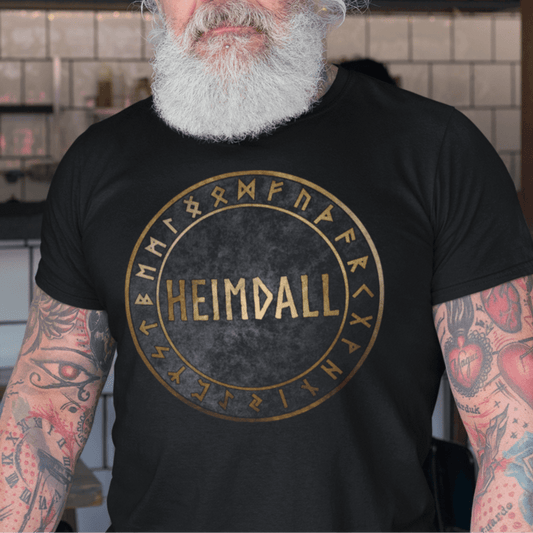 Black / S Heimdall Norse God with Viking Runes T-Shirt