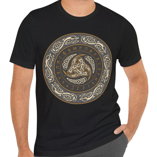 Black / S Horns of Odin Triskelion with Runes T-shirt