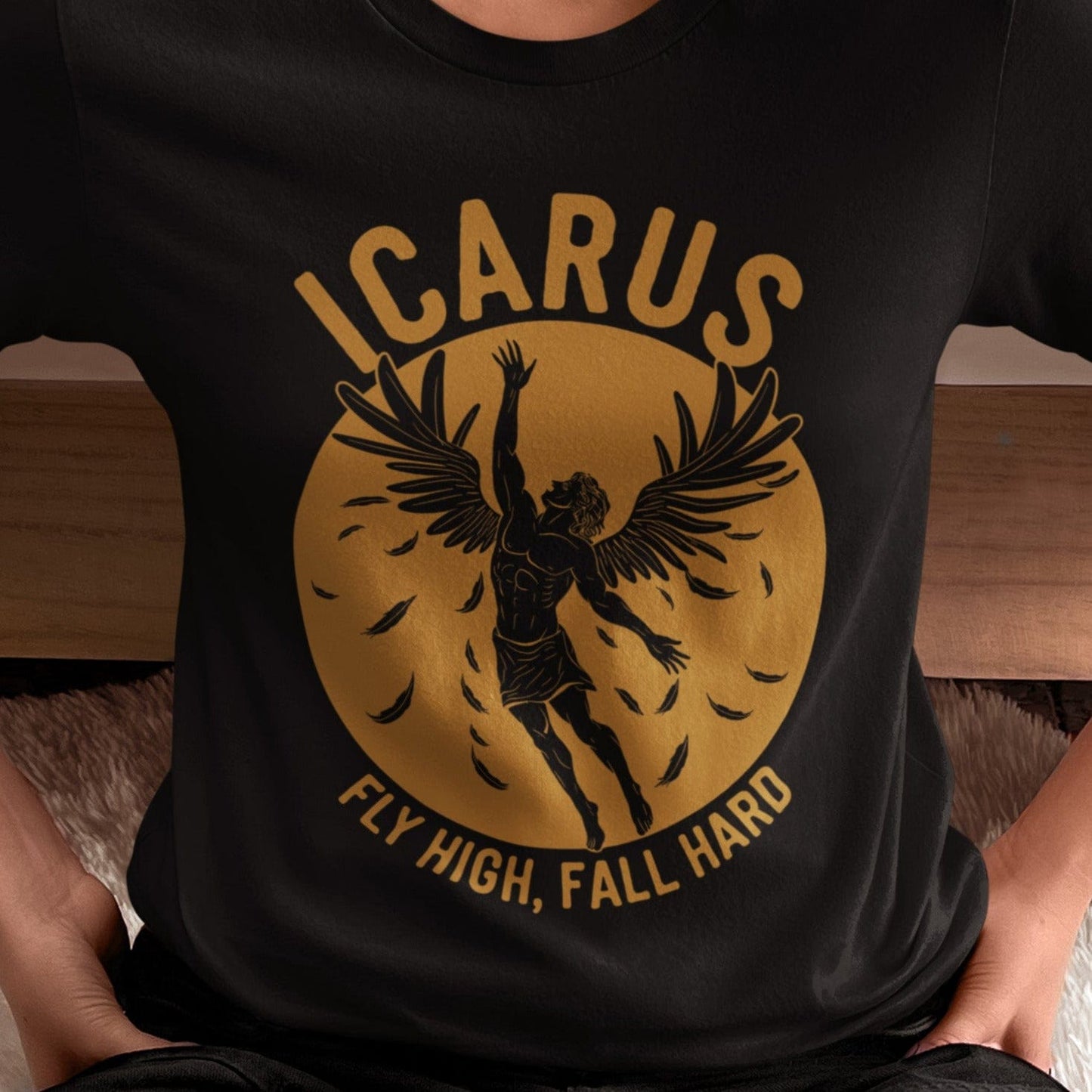 Black / S Icarus Fly High, Fall Hard - Funny Greek Mythology T-Shirt