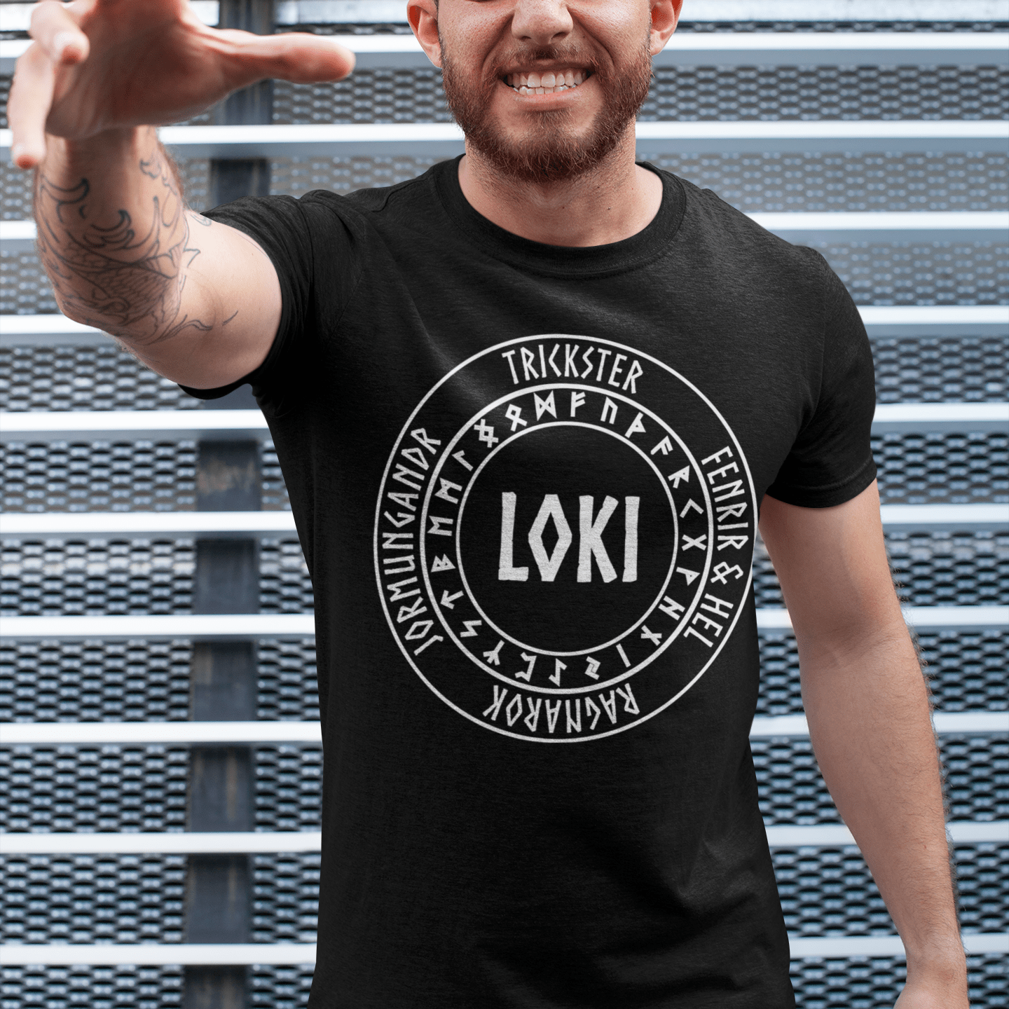 Black / S Loki Norse God with Futhark Runes T-shirt
