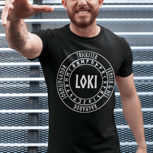 Black / S Loki Norse God with Futhark Runes T-shirt