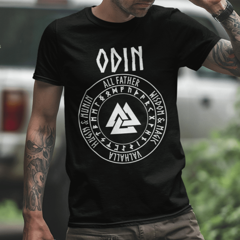 Black / S Odin Norse God with Futhark Runes T-shirt