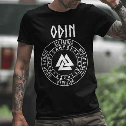 Black / S Odin Norse God with Futhark Runes T-shirt