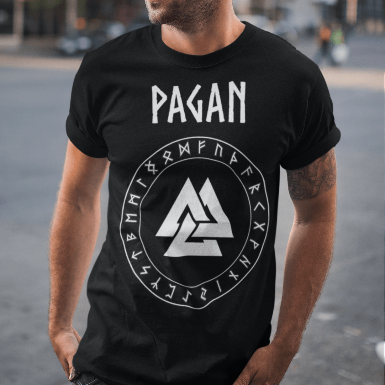 Black / S Pagan Norse Paganism Valknut with Runes T-Shirt