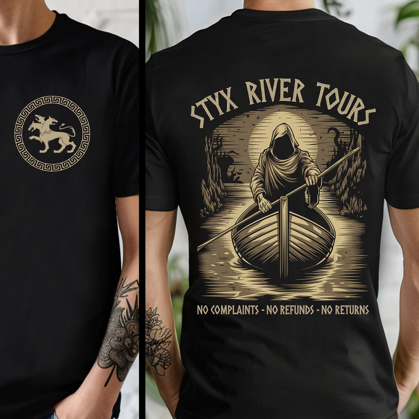 Black / S Styx River Tours - Funny Greek Mythology Double Sided T-Shirt