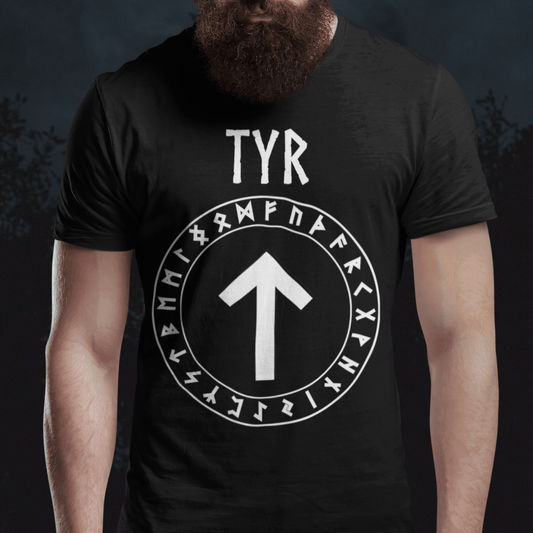 Black / S Tyr Norse God Tiwaz Rune with Futhark Runes T-shirt