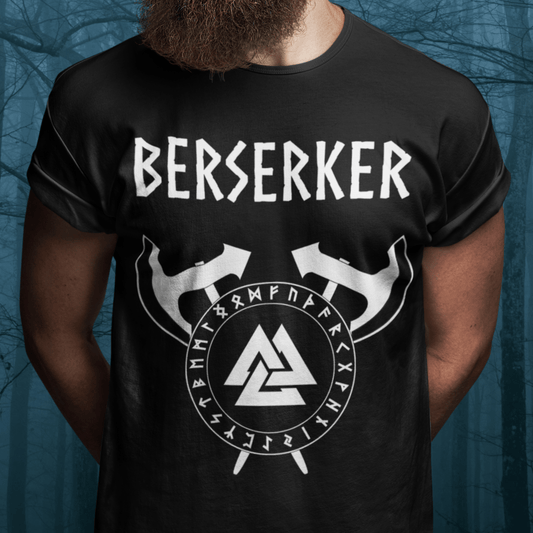 Black / S Viking Berserker - Axes with Norse Runes - Viking Valknut T-shirt
