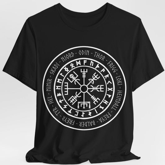 Black / S Viking Gods and Goddesses Vegvisir Symbol T-Shirt