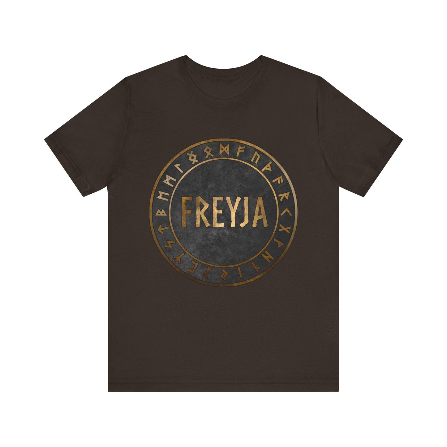 Brown / S Freyja Norse Goddess with Viking Runes T-Shirt