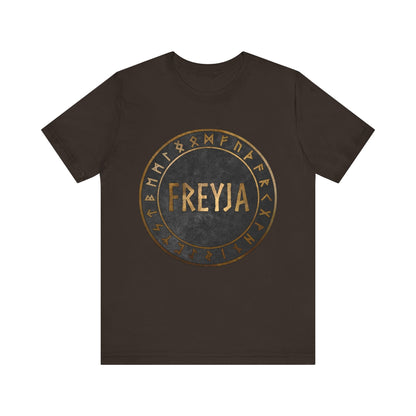 Brown / S Freyja Norse Goddess with Viking Runes T-Shirt