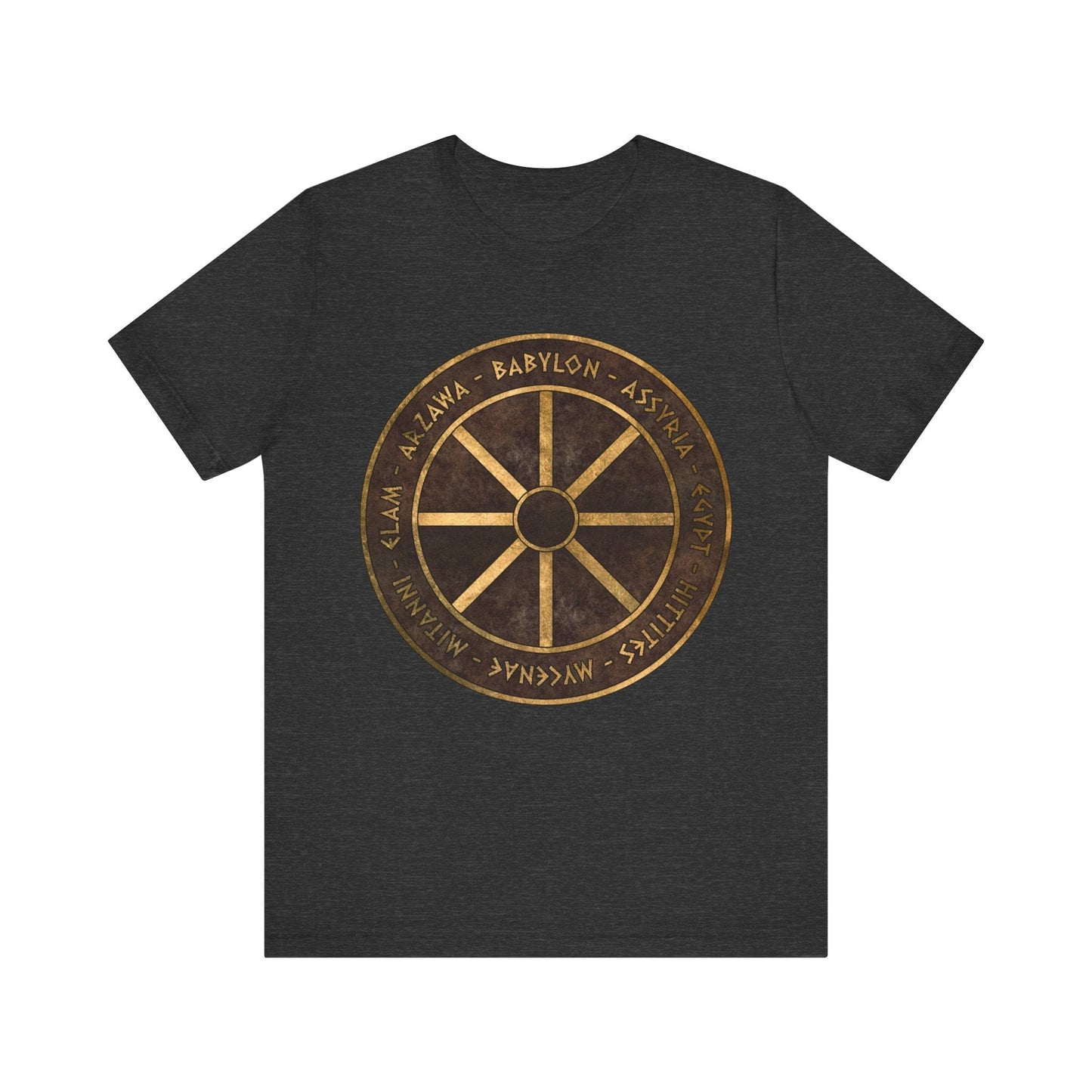 Dark Grey Heather / S Bronze Age Powers Ancient Civilizations Chariot Wheel Symbol T-Shirt