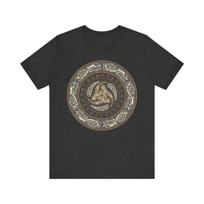 Dark Grey Heather / S Horns of Odin Triskelion with Runes T-shirt