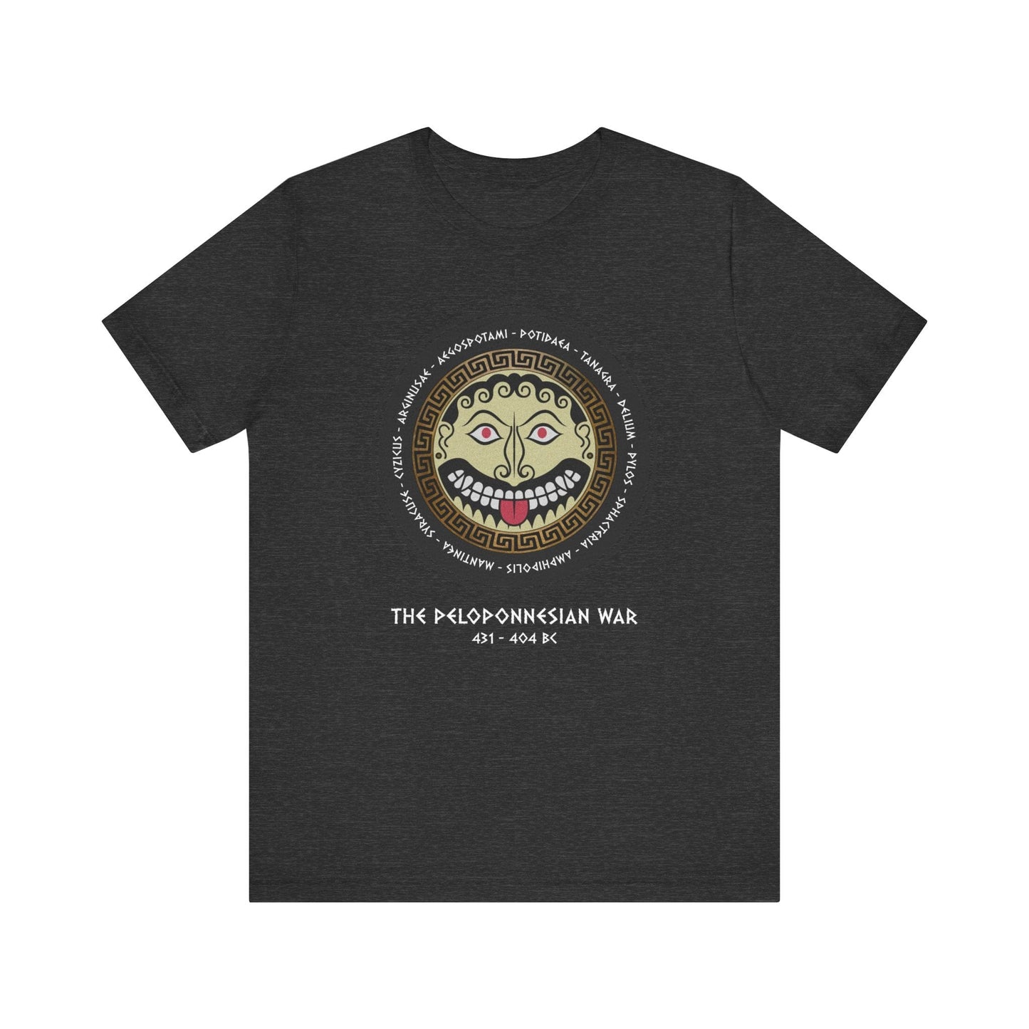 Dark Grey Heather / S The Peloponnesian War Battles - Greek Gorgon Hoplite Shield T-Shirt