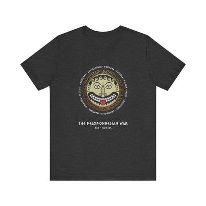 Dark Grey Heather / S The Peloponnesian War Battles - Greek Gorgon Hoplite Shield T-Shirt