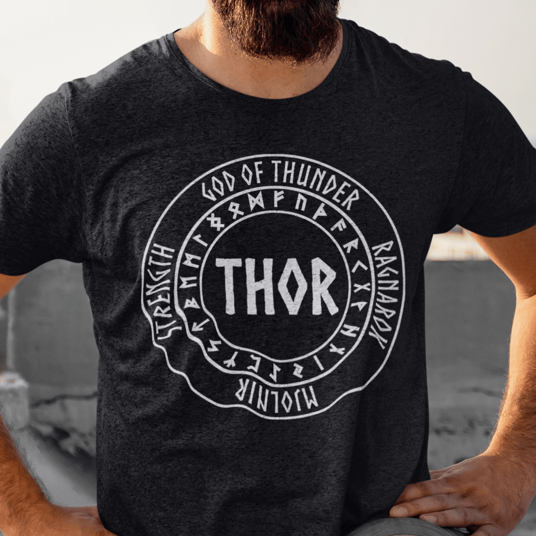 Dark Grey Heather / S Thor Norse God with Futhark Runes T-shirt