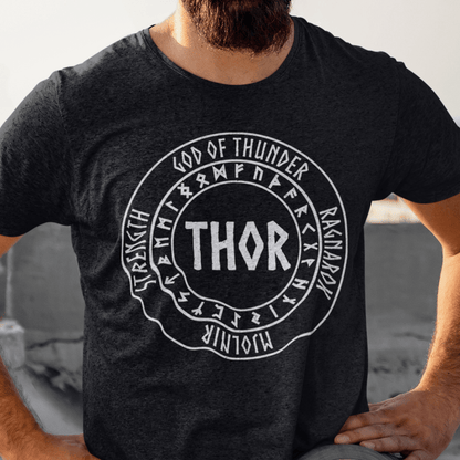 Dark Grey Heather / S Thor Norse God with Futhark Runes T-shirt