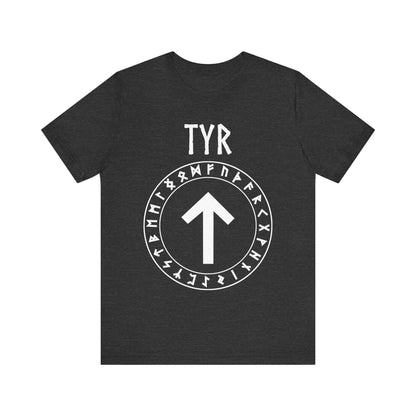 Dark Grey Heather / S Tyr Norse God Tiwaz Rune with Futhark Runes T-shirt