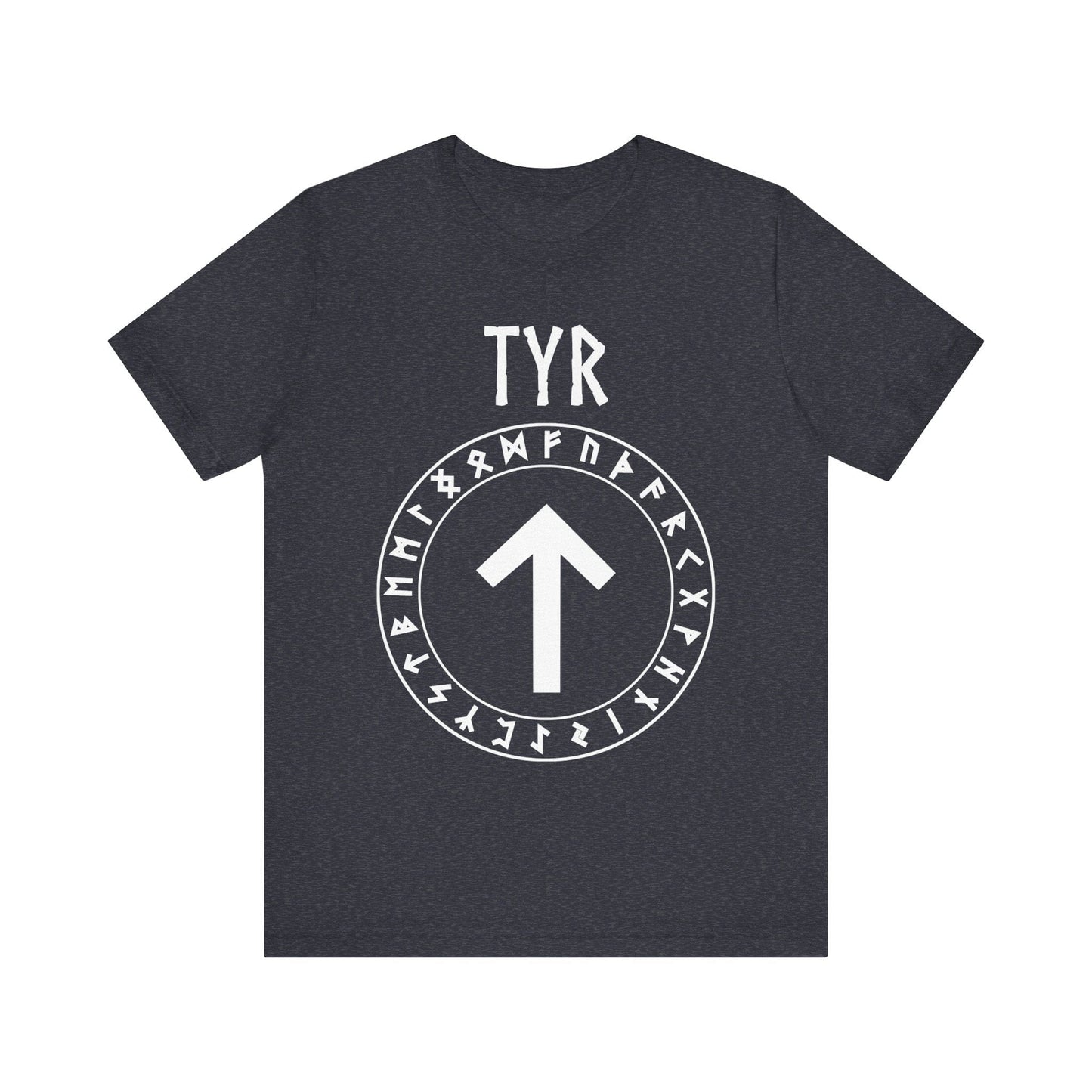 Heather Navy / S Tyr Norse God Tiwaz Rune with Futhark Runes T-shirt
