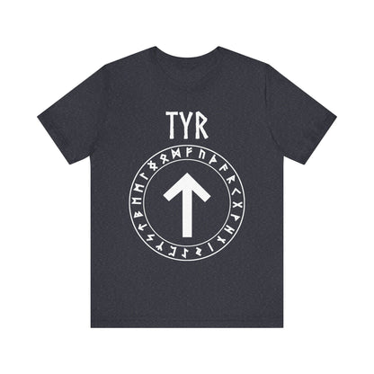 Heather Navy / S Tyr Norse God Tiwaz Rune with Futhark Runes T-shirt