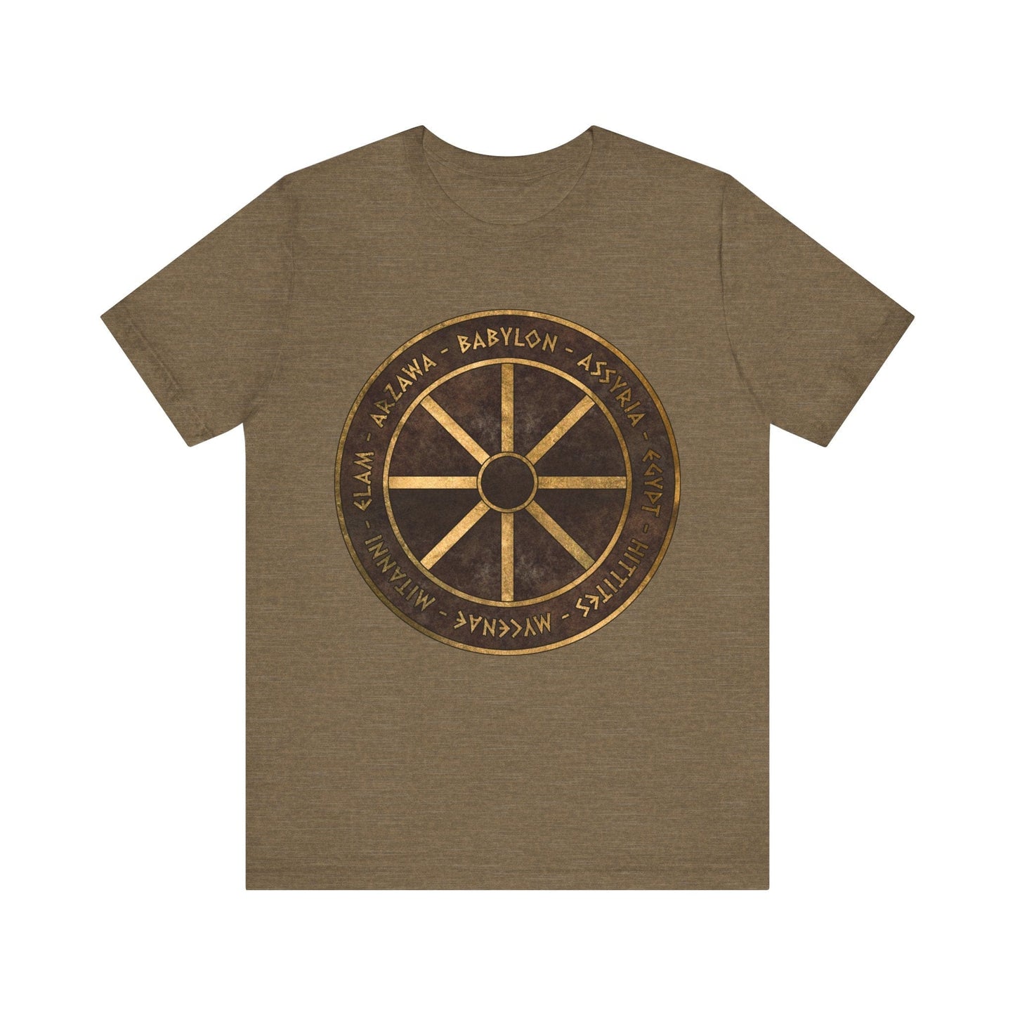 Heather Olive / S Bronze Age Powers Ancient Civilizations Chariot Wheel Symbol T-Shirt