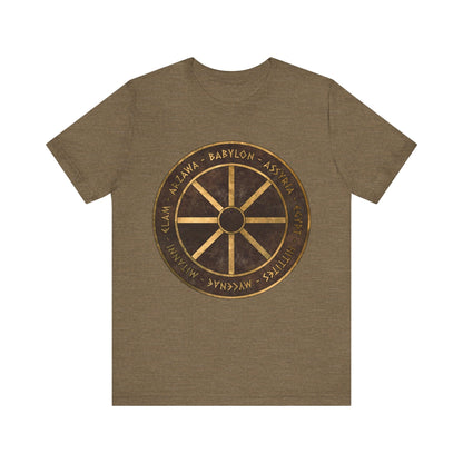 Heather Olive / S Bronze Age Powers Ancient Civilizations Chariot Wheel Symbol T-Shirt