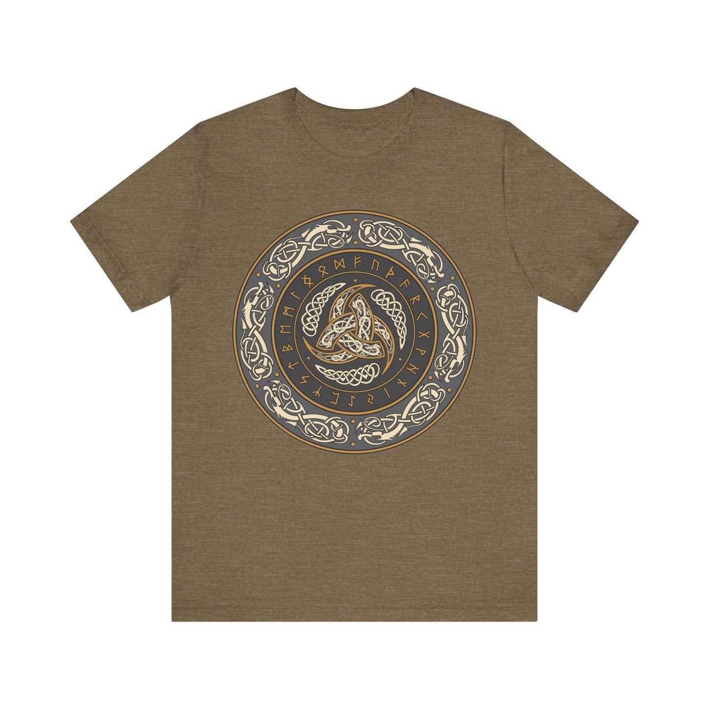 Heather Olive / S Horns of Odin Triskelion with Runes T-shirt