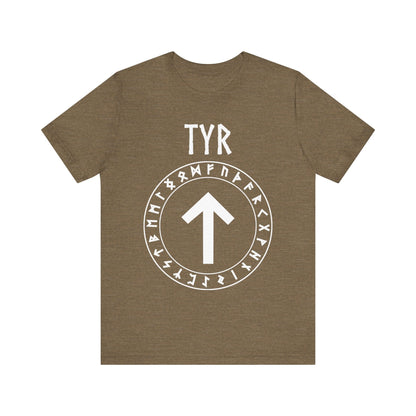 Heather Olive / S Tyr Norse God Tiwaz Rune with Futhark Runes T-shirt