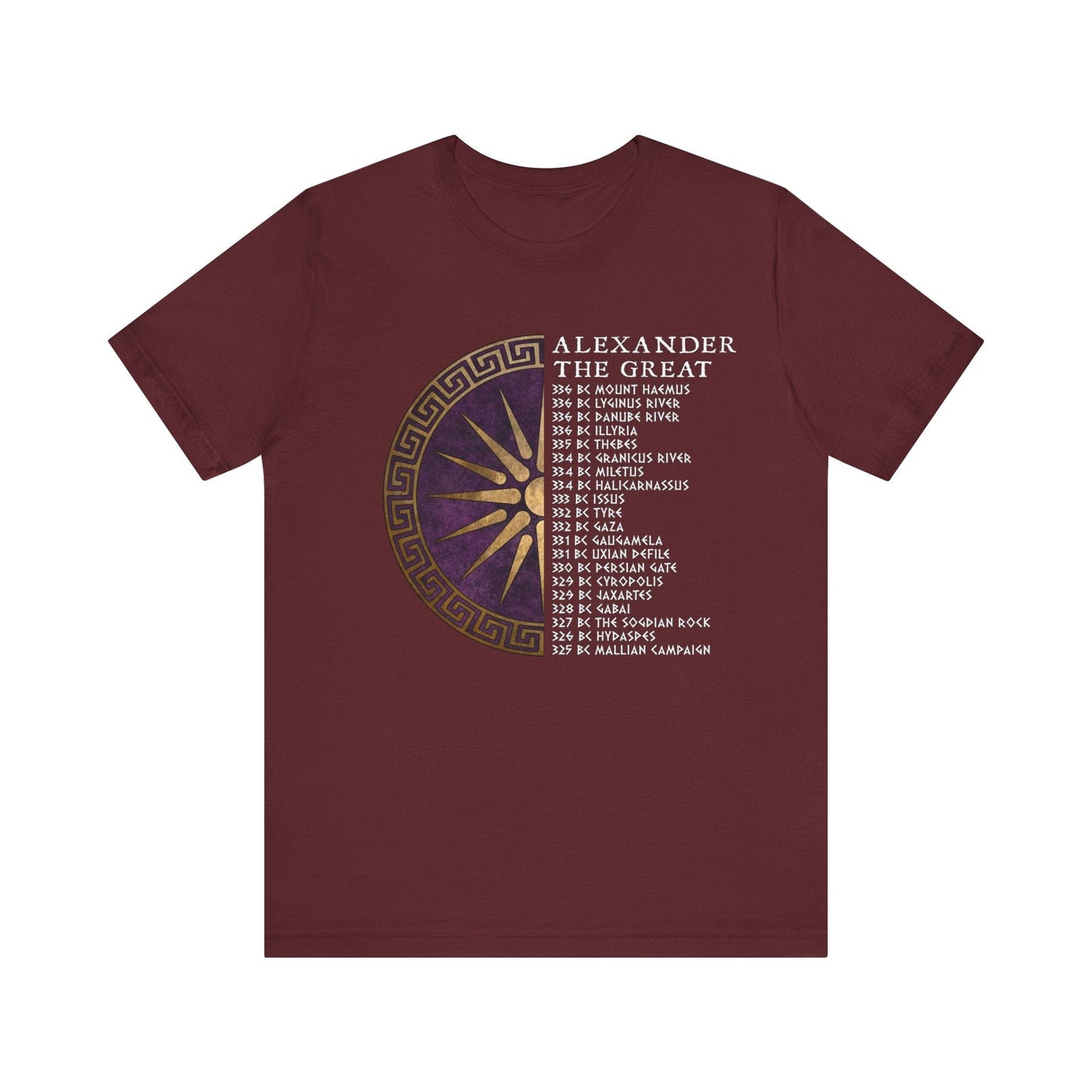 Maroon / S Alexander the Great Battles - Ancient Macedon T-Shirt