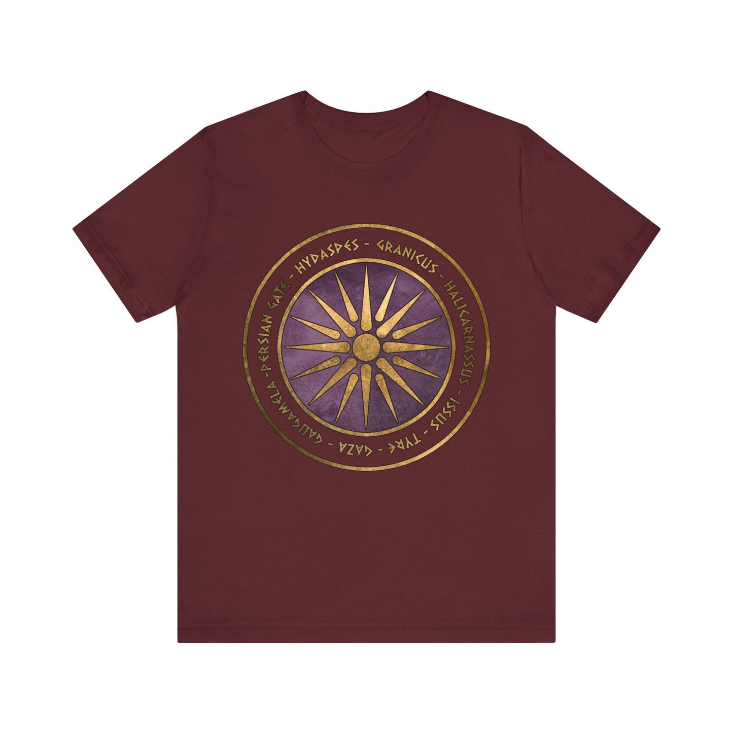 Maroon / S Alexander the Great Battles Macedonian Shield T-shirt