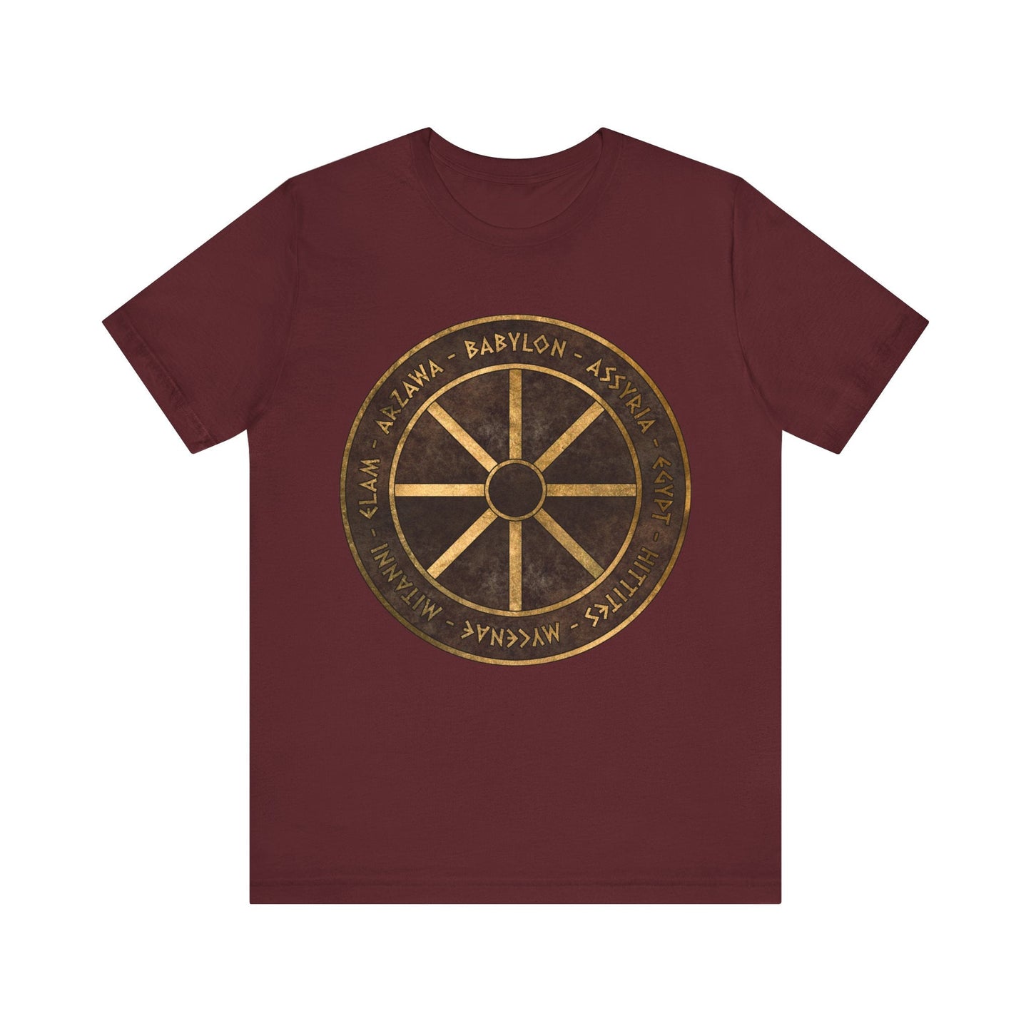 Maroon / S Bronze Age Powers Ancient Civilizations Chariot Wheel Symbol T-Shirt