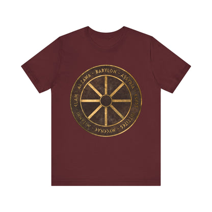 Maroon / S Bronze Age Powers Ancient Civilizations Chariot Wheel Symbol T-Shirt