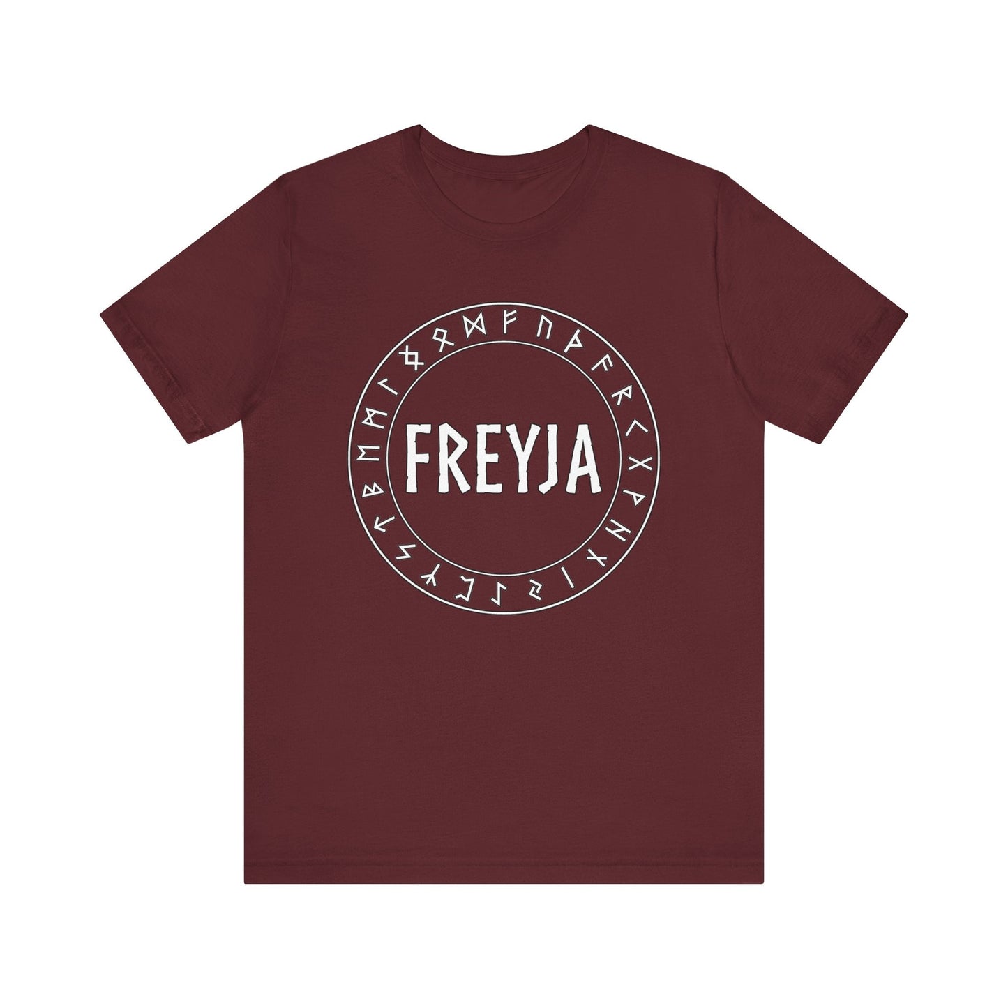 Maroon / S Freyja Norse Goddess with Futhark Runes T-shirt
