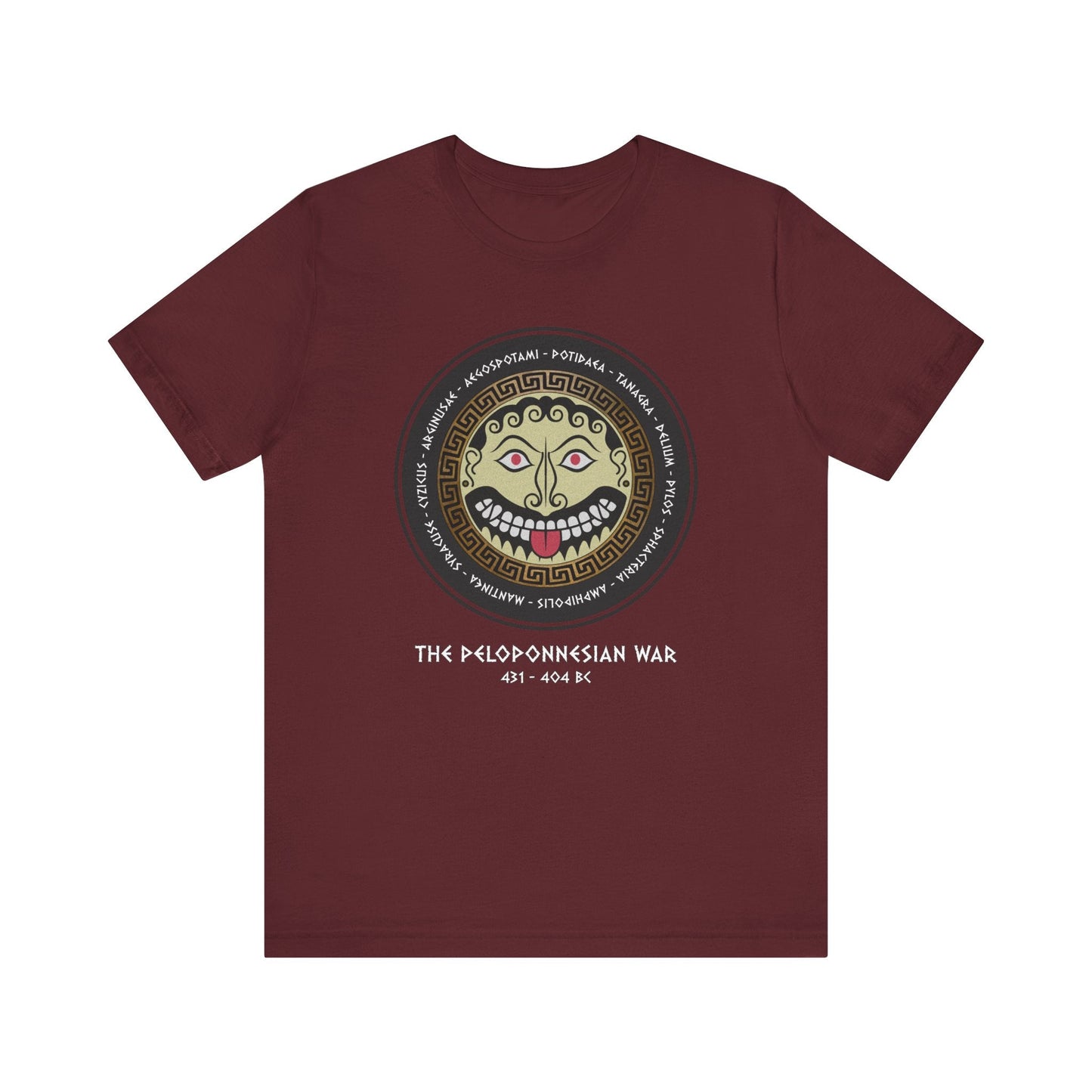 Maroon / S The Peloponnesian War Battles - Greek Gorgon Hoplite Shield T-Shirt