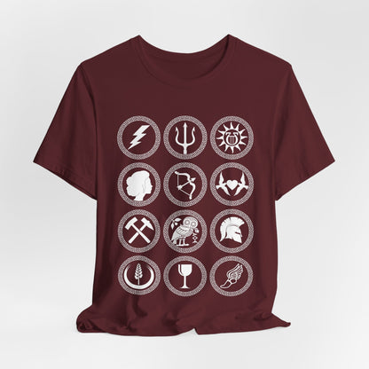 Maroon / S The Twelve Olympians Symbols - Greek Gods and Goddesses - Greek Mythology T-shirt